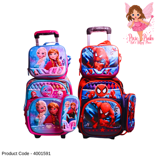 3-in-1 Kids Trolley Bag Set – School Bag with Lunch Bag & Pencil Case | Frozen, Spiderman, Stitch, Sofia, Astronaut, & Avengers