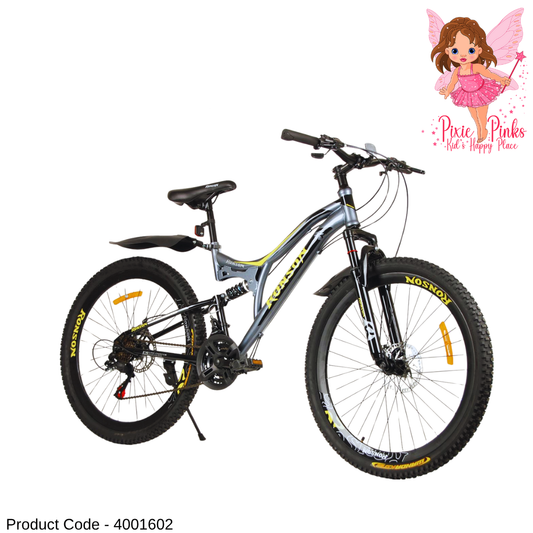 PixiePinks 26” MTB Mountain Bike for Boys – Double Shox, Dual Disc Brakes & 21-Speed Shimano Type Gear – Gray V-Rim Cycle