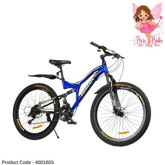 PixiePinks 26” MTB Mountain Bike for Boys – Double Shox, Dual Disc Brakes & 21-Speed Shimano Type Gear – Blue V-Rim Cycle