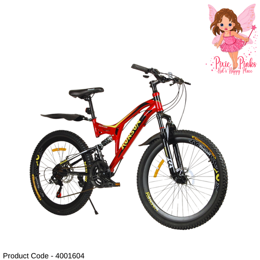 PixiePinks 26” MTB Mountain Bike for Boys – Double Shox, Dual Disc Brakes & 21-Speed Shimano Type Gear – Red V-Rim Cycle