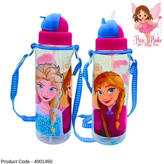 ❄️ Frozen-Themed Kids Water Bottle with Strap | 650ml BPA 5 Safe Plastic | Leak-Proof Sipper – 220mm Height