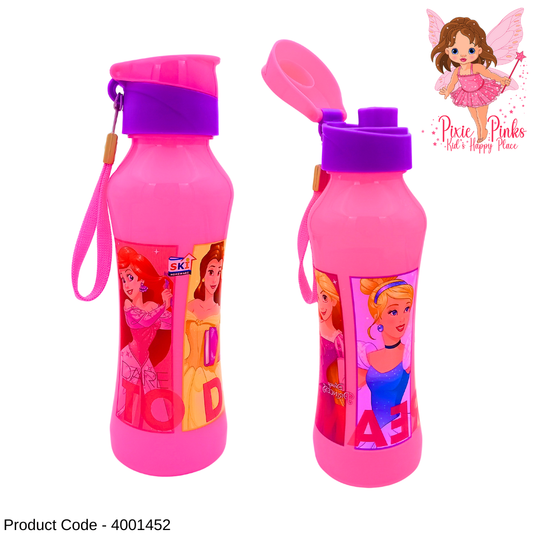 🌸 Princess Kids Water Bottle | 600ml BPA 5 Safe Plastic | 220mm Height | Flip-Top Leak-Proof Bottle with Wrist Strap