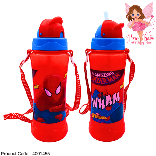 🕷️ Spider-Man Kids Water Bottle | 650ml BPA 5 Safe Plastic | 220mm Height | Leak-Proof Sipper with Strap
