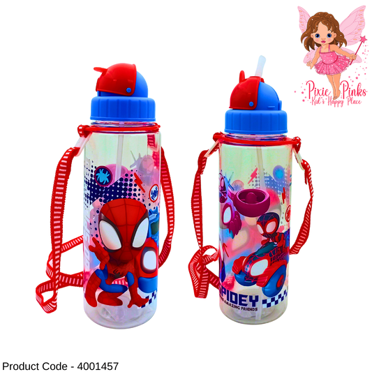 🕷️ Spidey and Friends Kids Water Bottle | 650ml BPA 5 Safe Plastic | 220mm Height | Leak-Proof Sipper with Strap