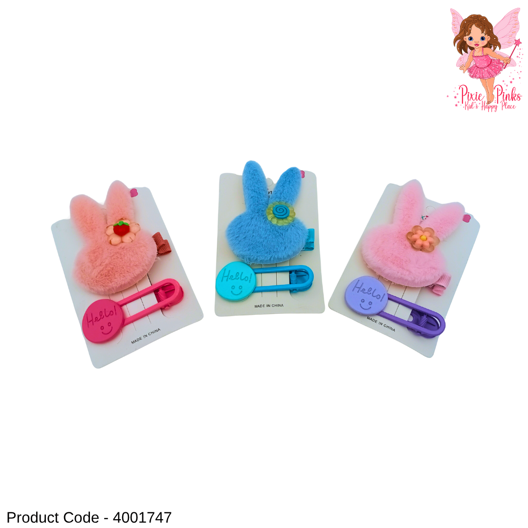 2-in-1 Bunny Hair Clips Set for Girls | Soft Plush Bunny & Colorful Snap Clip | Cute Kids Hair Accessories