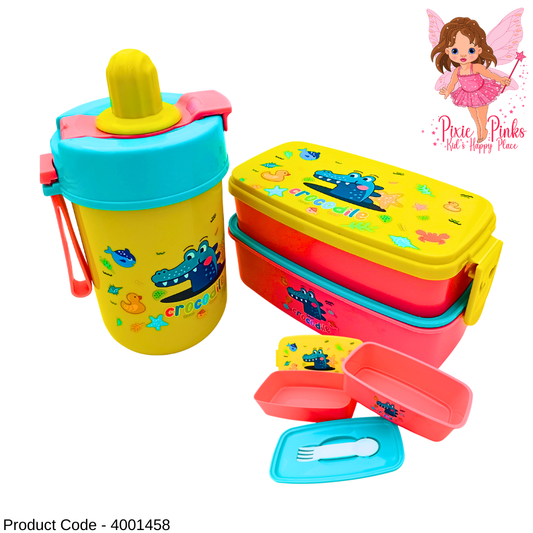 🐊 Kids Crocodile Water Bottle & Lunch Box Set | BPA Safe | 2-Tier Lunch Box with Spoon & Fork | Bottle with Straw & Handle