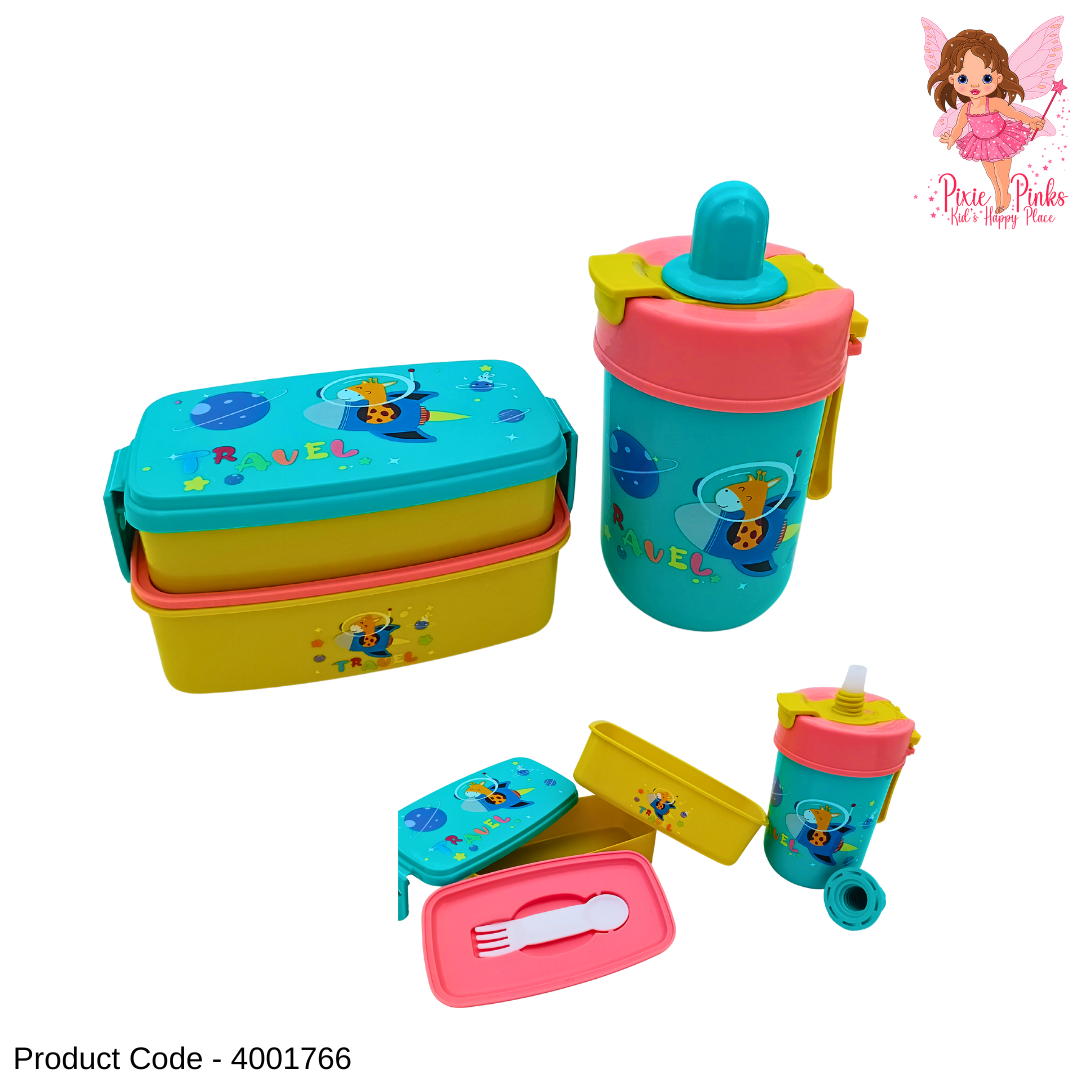 Space-Themed Kids Lunch Box with 2 Compartments & Spoon-Fork Set + Matching Water Bottle | Cute Travel Bento Set for School