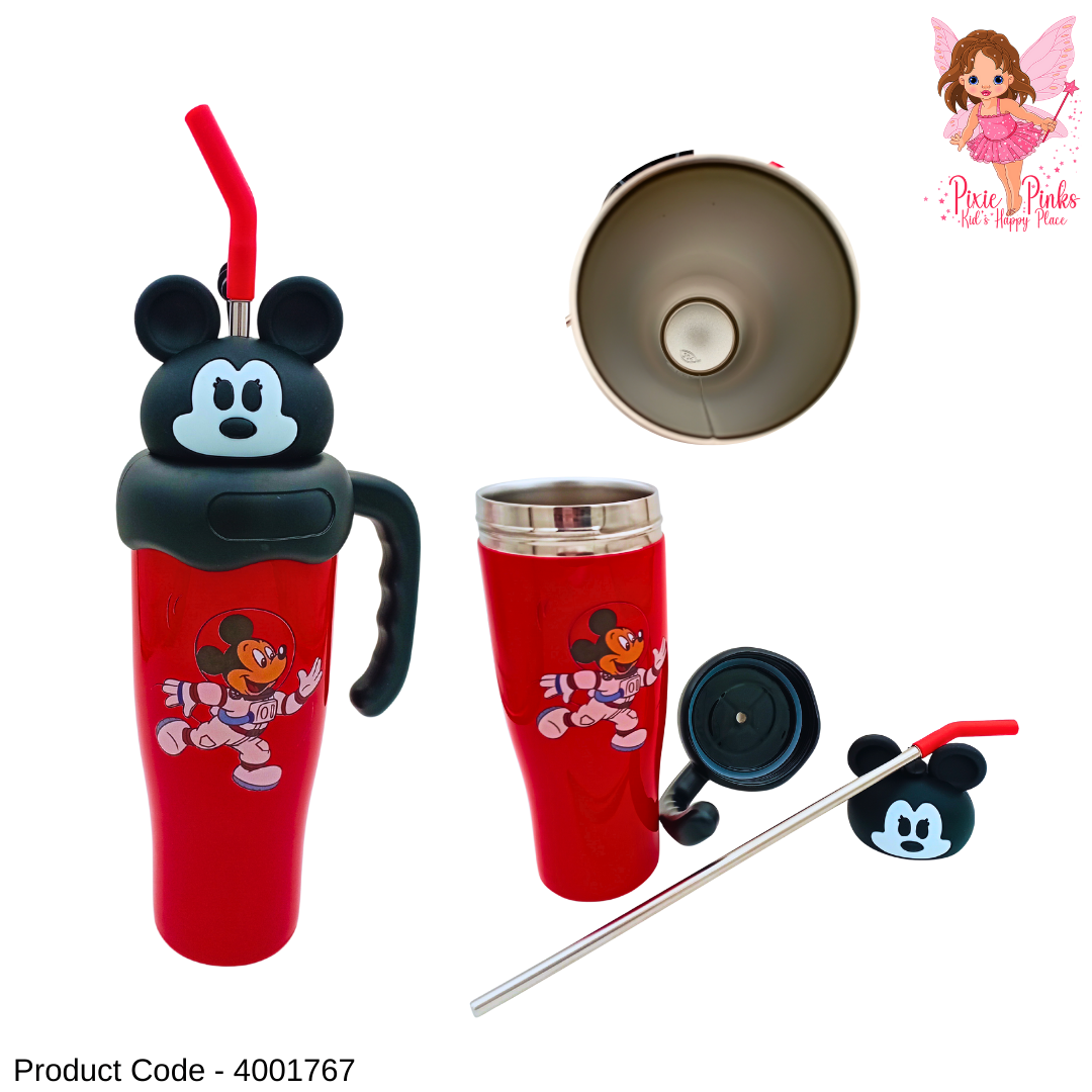 Mikey Mouse Themed Red Tumbler for Girls | Stainless Steel Vacuum Flask | High-Grade Kids Drink Bottle with Straw & Handle