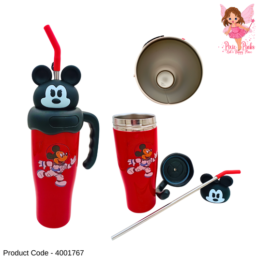 Mikey Mouse Themed Red Tumbler for Girls | Stainless Steel Vacuum Flask | High-Grade Kids Drink Bottle with Straw & Handle