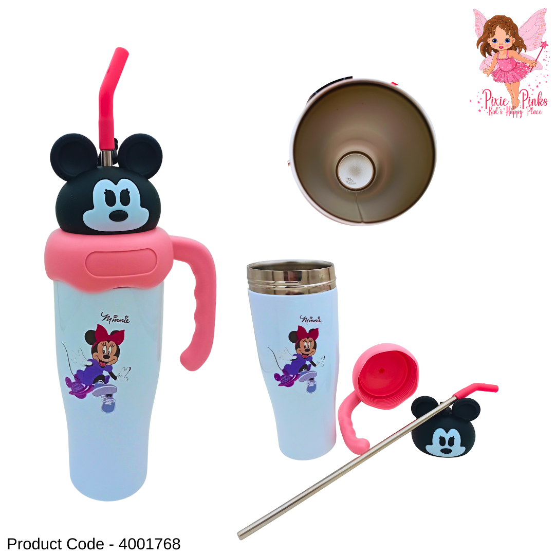 Minnie Mouse Themed White Tumbler for Girls | Stainless Steel Vacuum Flask | High-Grade Kids Drink Bottle with Straw & Handle