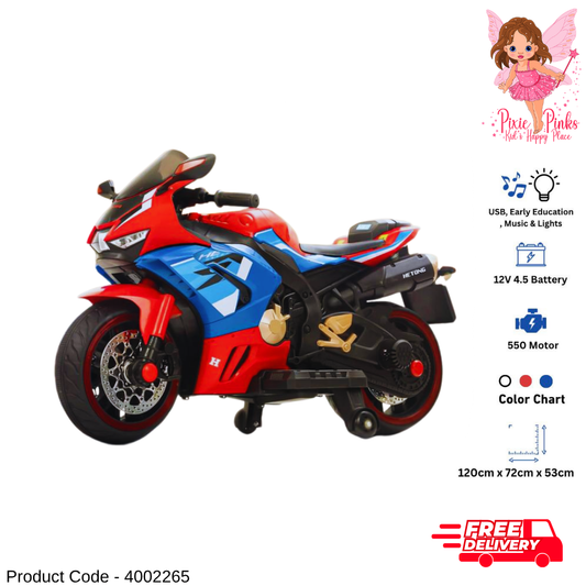 Kids Electric Ride-On Sports Bike – 12V Battery, 550 Motor, Music & Lights, USB Kids Motorcycle