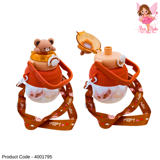 Cute Browny Bear Kids Water Bottle with Straw & Mouth Sip | Leak-Proof, Portable & Easy Carry