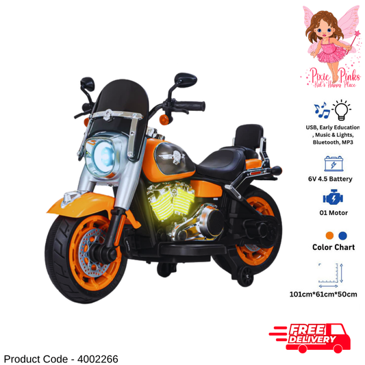 Kids Trendy Electric Ride-On Bike with Bluetooth & MP3 – 6V Battery, Music, Lights, USB Kids Motorcycle