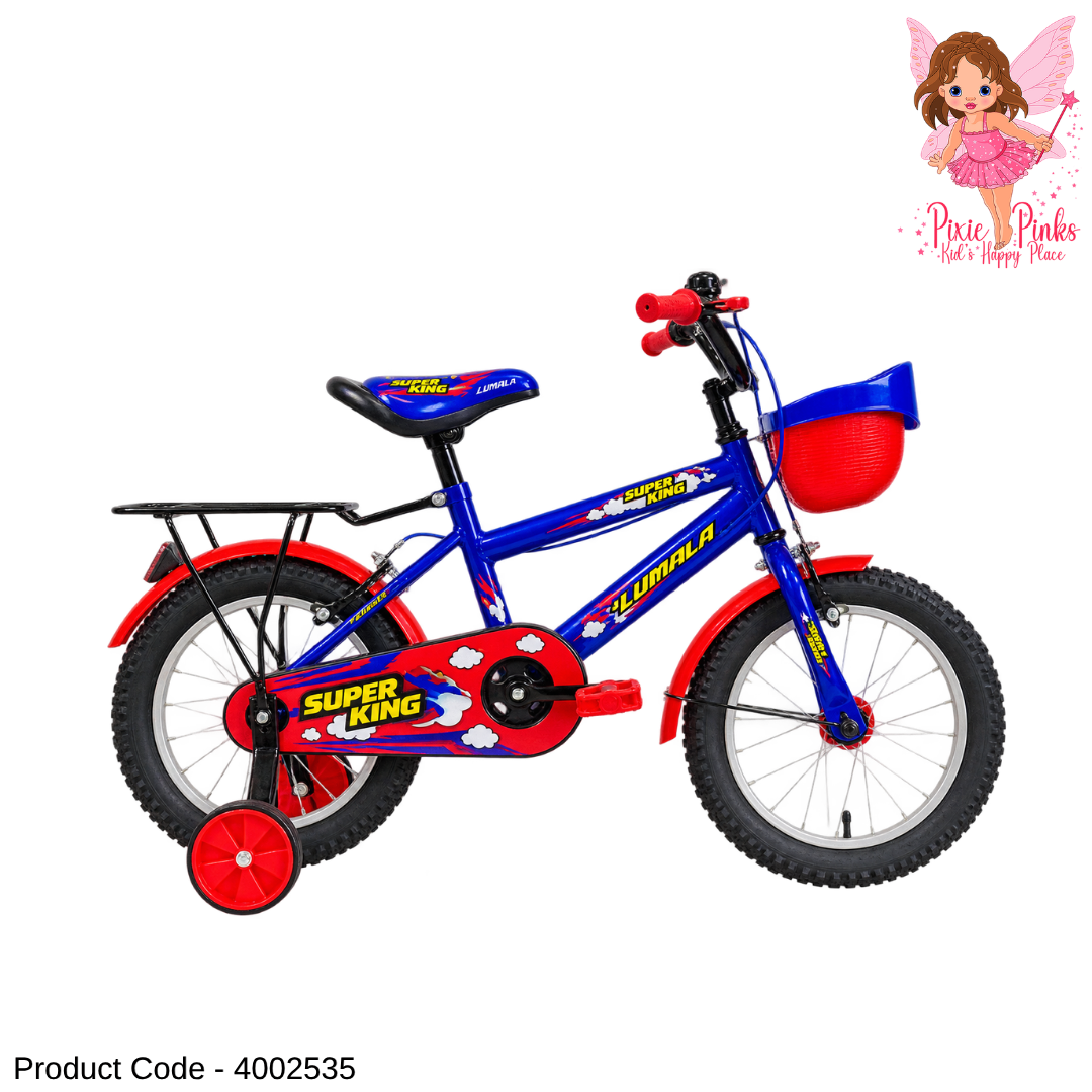 Lumala Super King 16-Inch Kids Bicycle – Blue & Red Steel Frame Bike with Training Wheels & Basket
