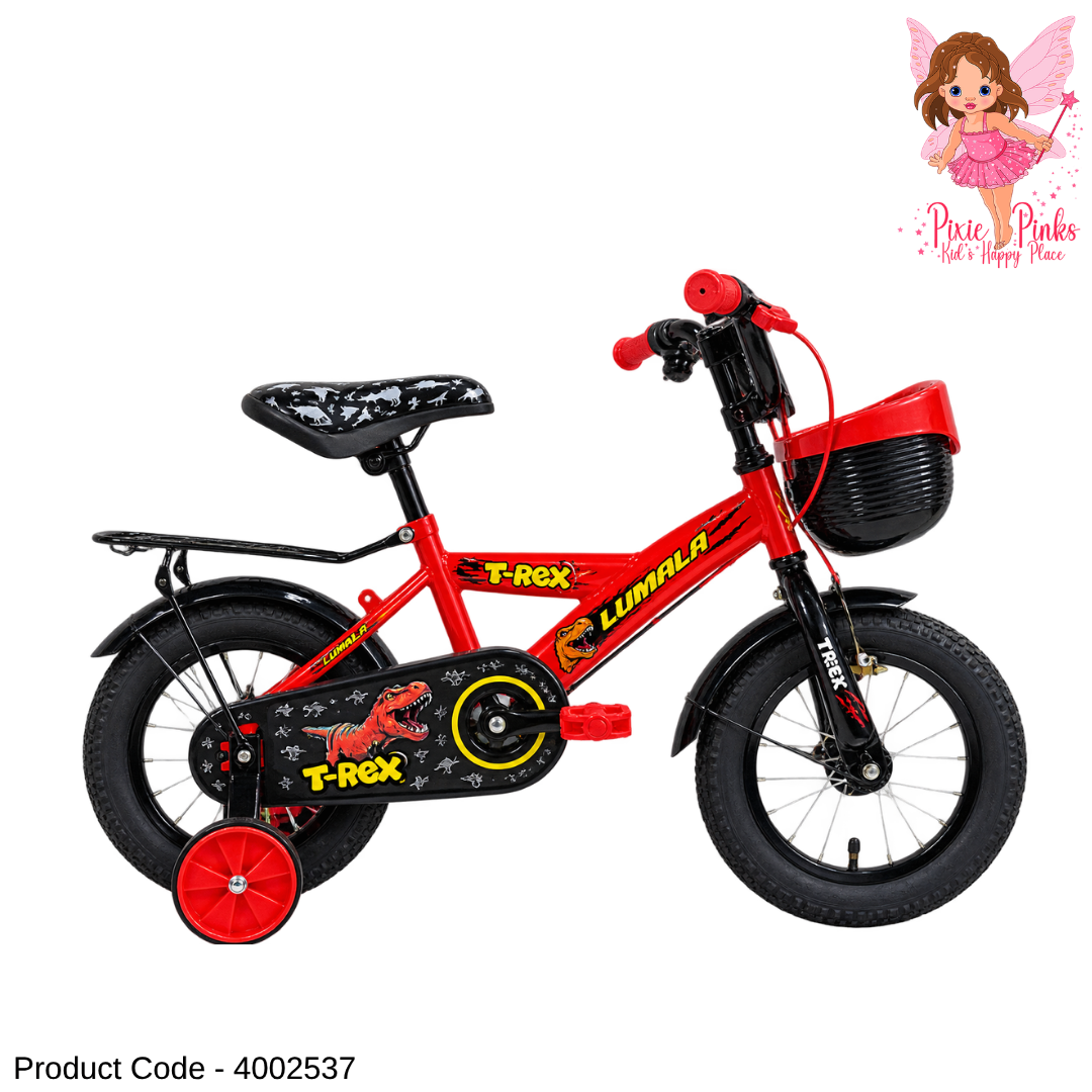 Lumala T-Rex 12-Inch Kids Bicycle – Red & Black Steel Frame Bike with Training Wheels, Basket & Full Chain Cover