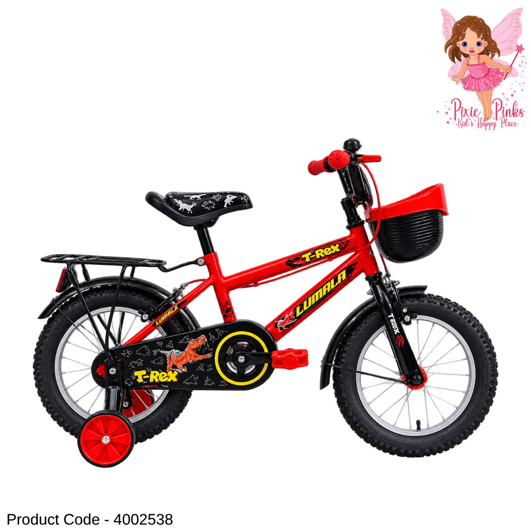 Lumala T-Rex 16-Inch Kids Bicycle – Red & Black Steel Frame Bike with Training Wheels, Basket & Full Chain Cover