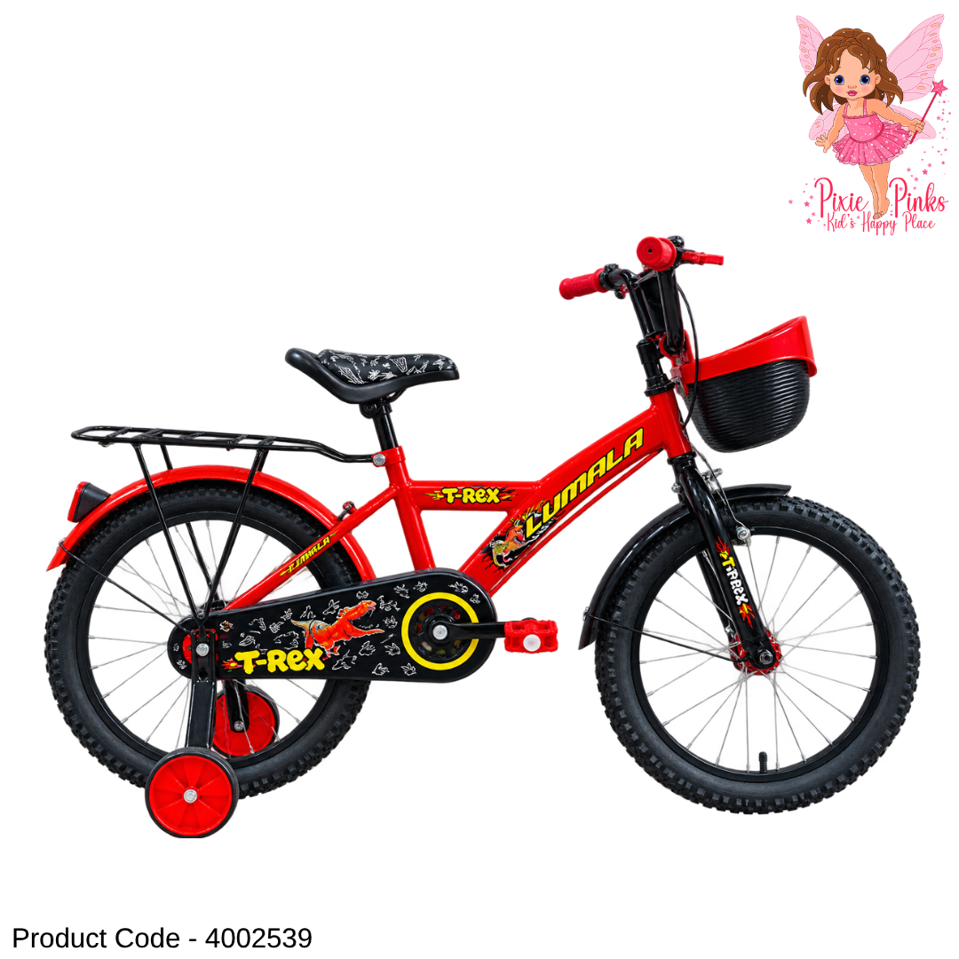 Lumala T-Rex 20-Inch Kids Bicycle – Red & Black Steel Frame Bike with Training Wheels, Basket & Full Chain Cover