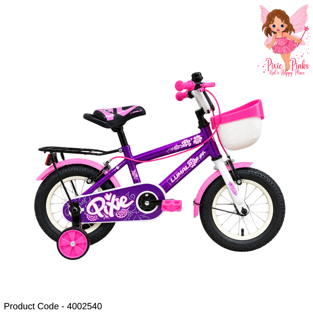 Lumala Pixie 12-Inch Girls Bicycle – Purple & Pink Kids Bike with Training Wheels, Basket & Full Chain Cover