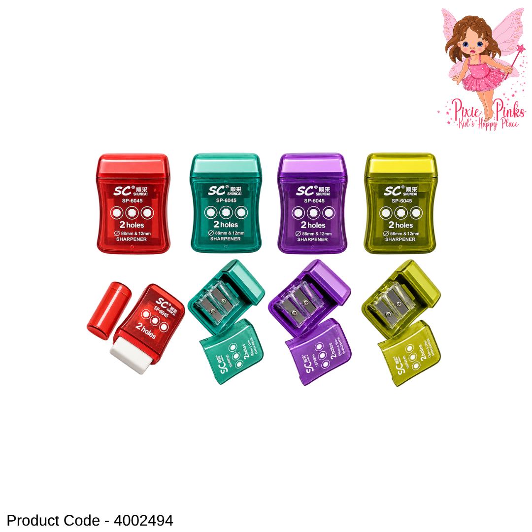 1PC 2-Hole Pencil Sharpener with Eraser – 8mm & 12mm Dual Size Sharpener for Kids
