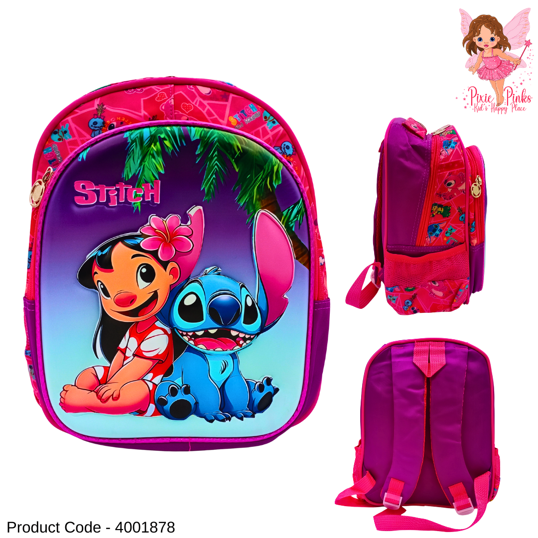 Stitch Themed 3D School Backpack for Nursery Kids | Cute Embossed Design, 2 Compartments (31cm)