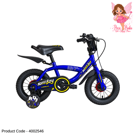 Lumala Noisy Boy 12-Inch Kids Bicycle – Blue Steel Frame Bike with Training Wheels, Dual Drum Brakes & Full Chain Cover