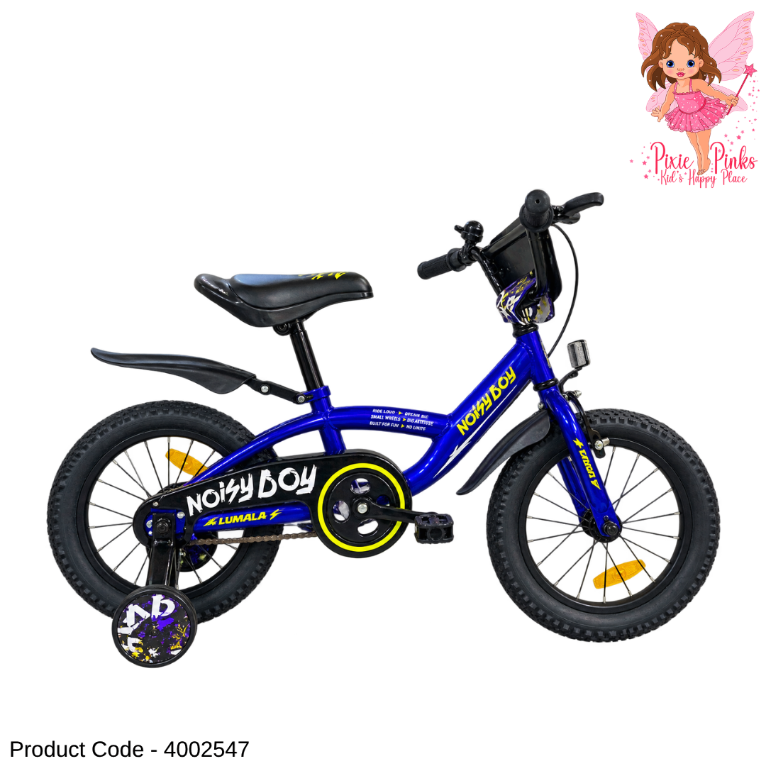 Lumala Noisy Boy 16-Inch Kids Bicycle – Blue Steel Frame Bike with Training Wheels, Dual Drum Brakes & Full Chain Cover
