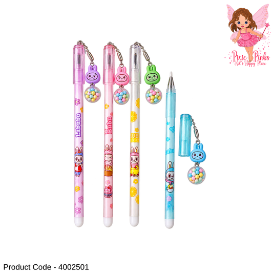 1PC Cute Labubu Charm Gel Pen – Kawaii Character Pen with Colourful Bead Pendant