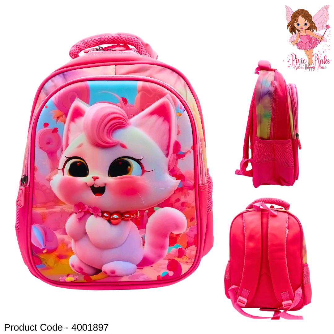 Cute Kitten 3D Kids School Bag for Grade 1–2 | Pink Cartoon Backpack with 2 Compartments (35cm)