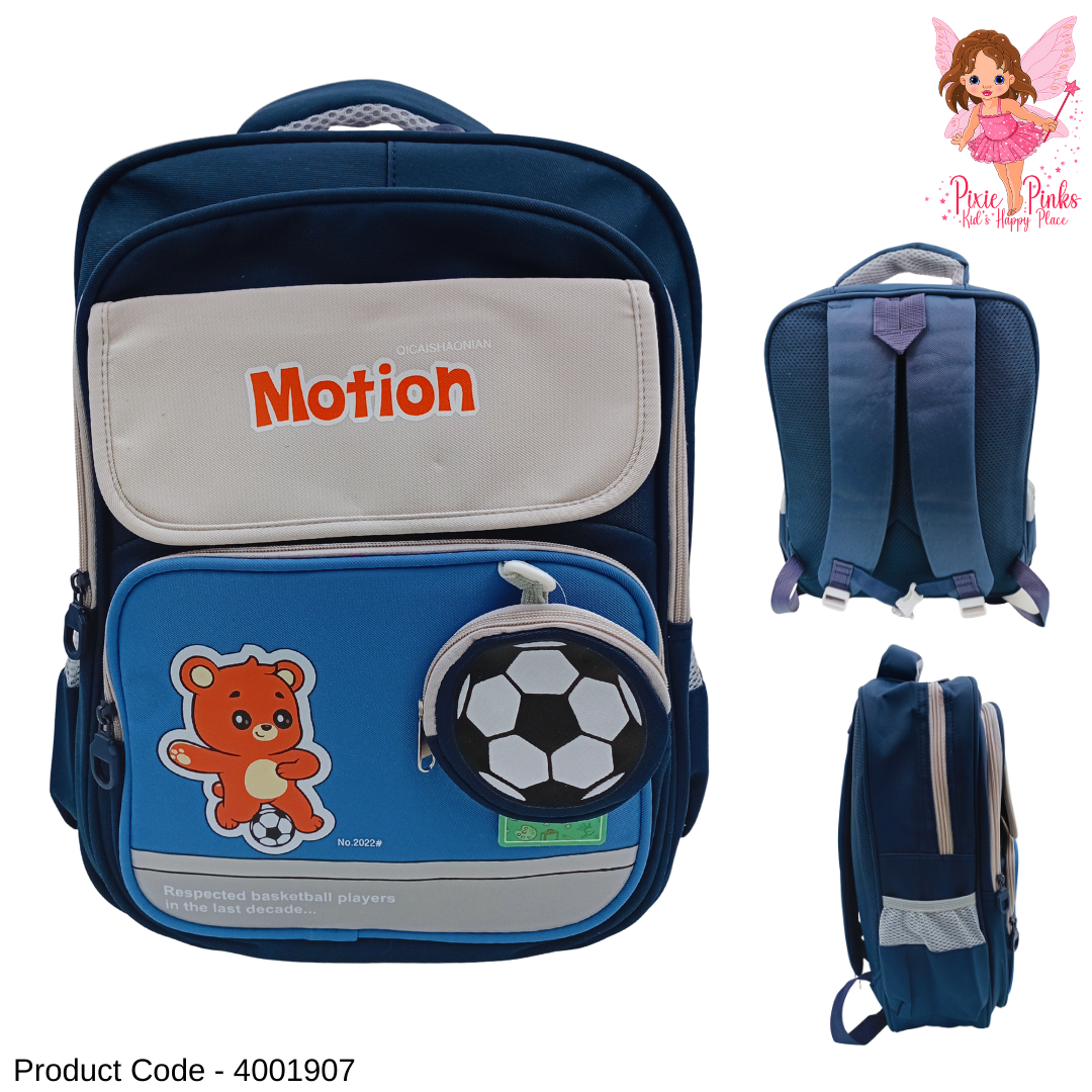 Football Bear Blue 3D Kids School Bag for Grade 5–9 | Large Backpack with 3 Compartments (43cm)