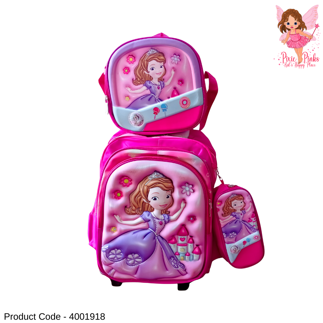 Princess Sofia 3-in-1 Trolley School Bag Set for Kids | Rolling Backpack with Lunch Bag & Pencil Case