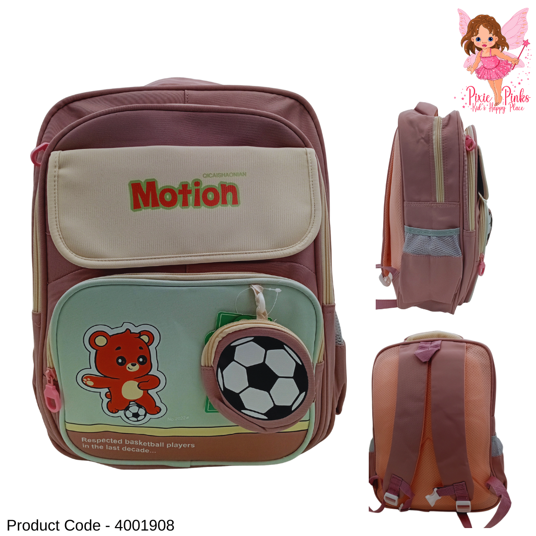 Football Bear 3D Kids School Bag in Beige Pink | Large School Backpack for Grade 5–9 (3 Compartments, 43cm)