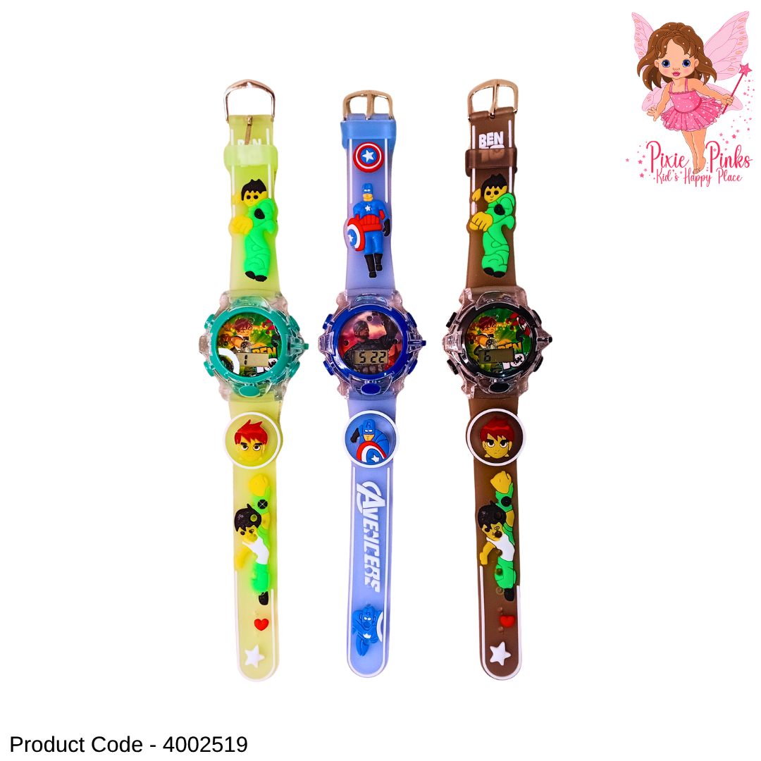1Pc Boys Hero Digital Watch with Light & Music – Colourful Kids Character Wrist Watch