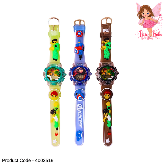 1Pc Boys Hero Digital Watch with Light & Music – Colourful Kids Character Wrist Watch