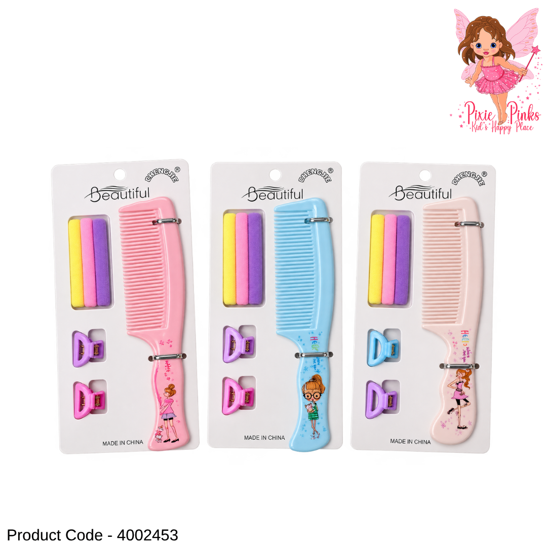 Girls Hair Comb & Accessories Set – Cute Comb, Colourful Hair Bands & Mini Hair Clips