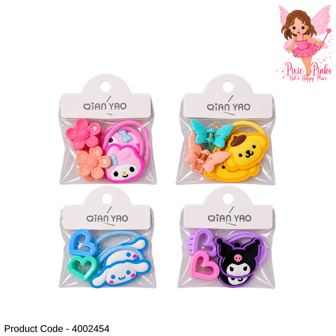 Girls Cute Hair Bands & Matching Hair Clips Set – Colourful Character Hair Accessories Pack