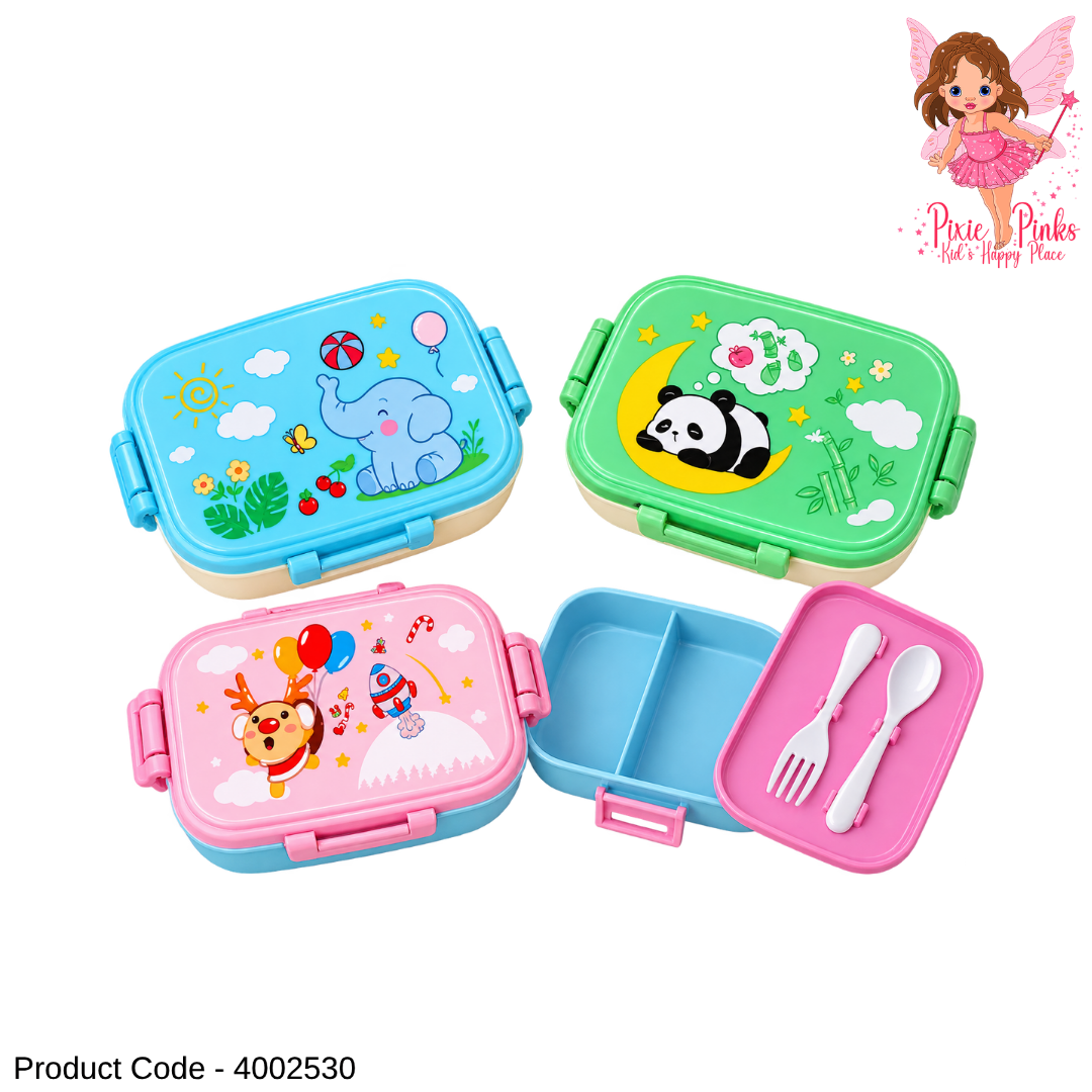 1Pc Cute Kids Compartment Meal Box with Spoon & Fork – Spacious School Lunch Box with Secure Locking Clips