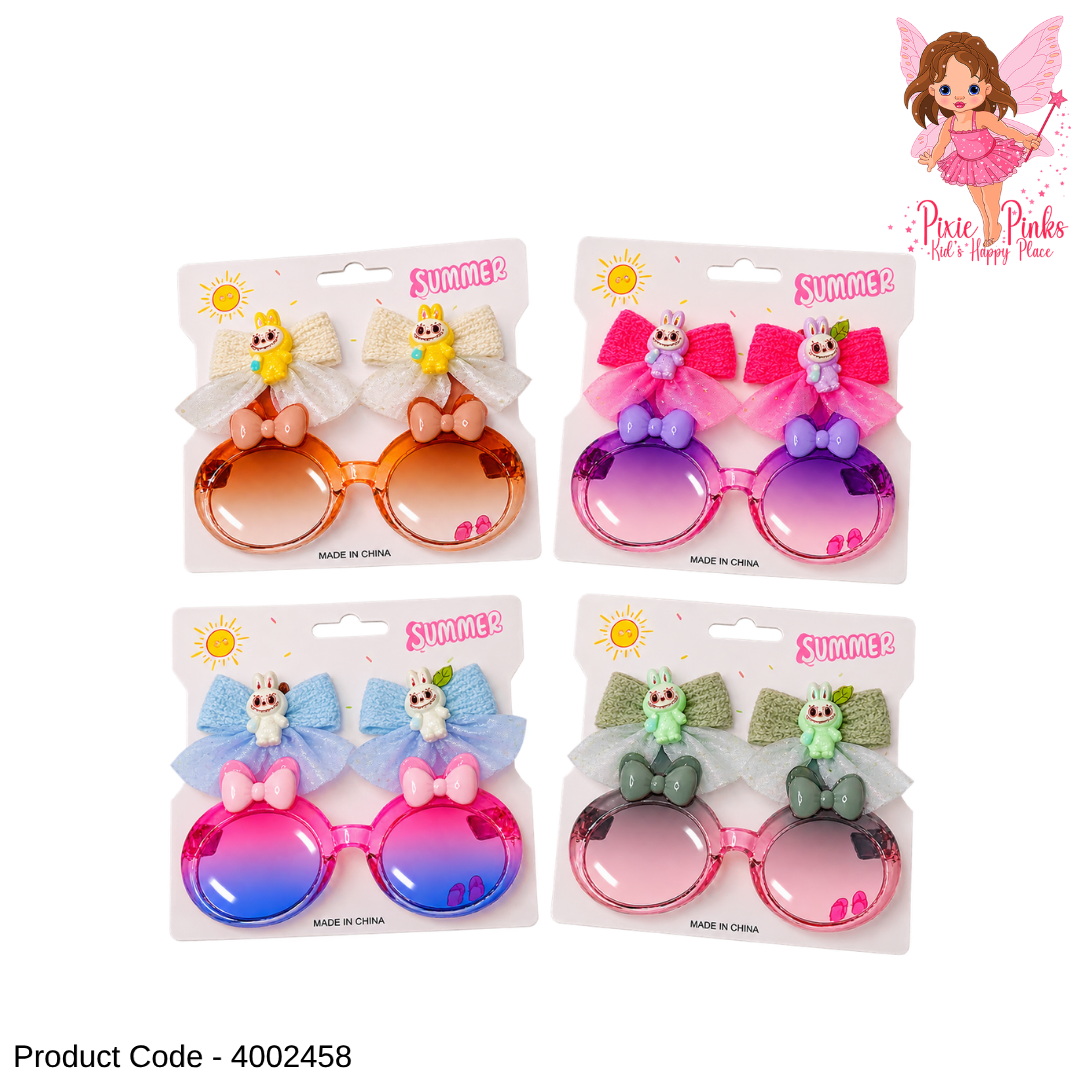 Colourful Kids Sunglasses with Matching Labubu Hair Clips – Cute Girls Summer Accessory Set