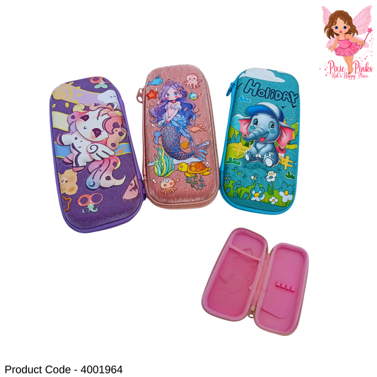 Kids Embossed Shiny Pencil Case | Unicorn, Mermaid & Elephant Cartoon Designs
