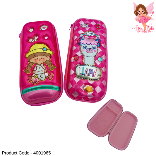 Pink Embossed Cute Pencil Case for Girls | Cartoon Design Hard Pencil Box