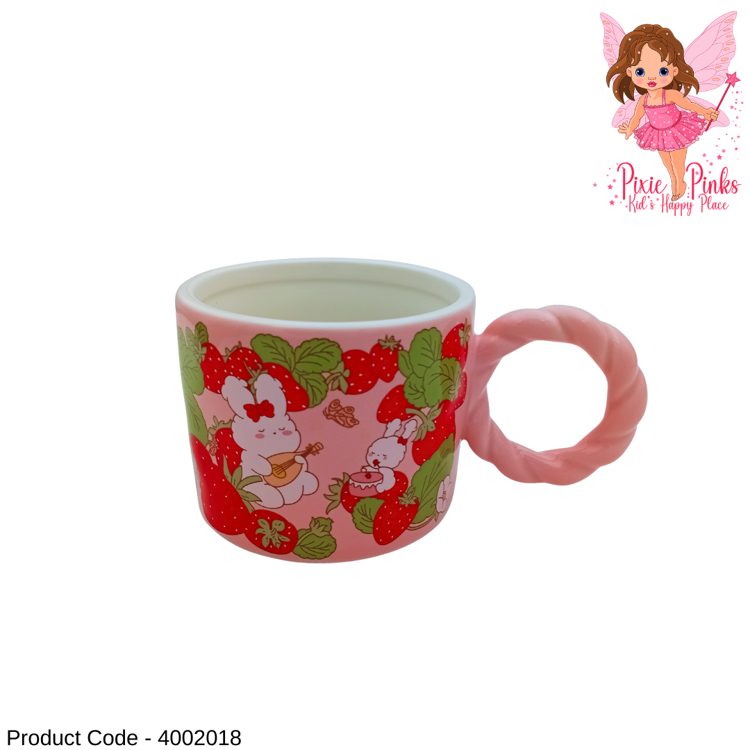 Strawberry Bunny Porcelain Mug with Beaded Handle – Cute Aesthetic Coffee Cup