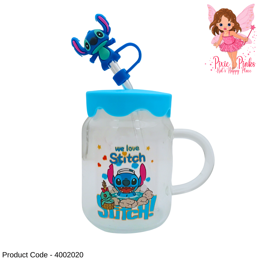 Cute Stitch Themed Glass Juice Mug with Rubber Lid, Straw & Straw Protector
