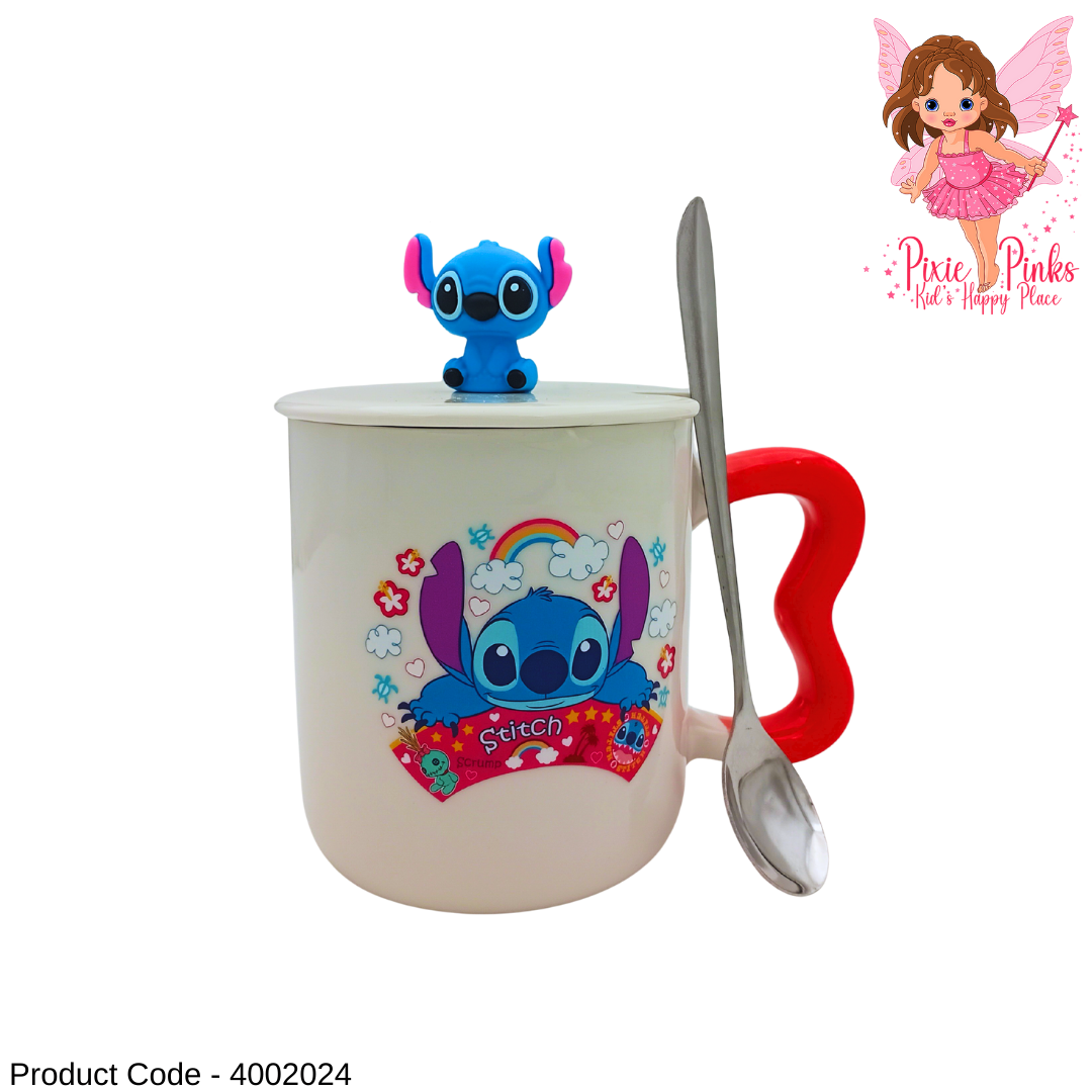 Cute Stitch Porcelain Mug with Lid & Spoon – Adorable Handle Aesthetic Coffee Cup