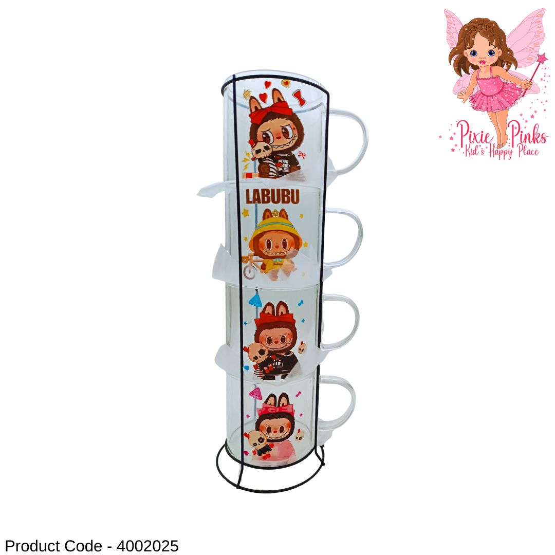 Labubu 4-Piece Family Mug Set with Stand – Cute Character Coffee Cups Set