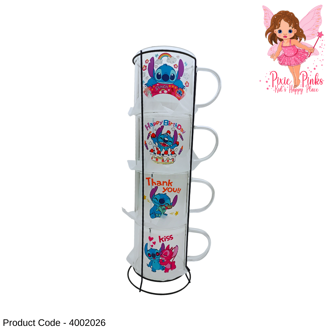Stitch 4-Piece Family Mug Set with Stand – Cute Character Coffee Cups Set