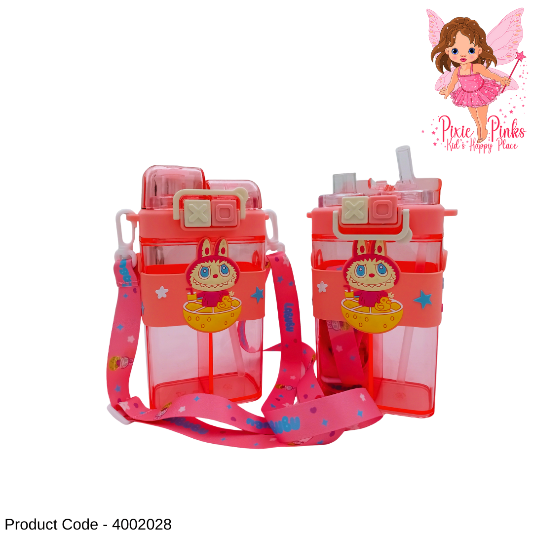 Pink Labubu Themed Kids Water Bottle with Dual Sip & Drink Lid and Carry Strap