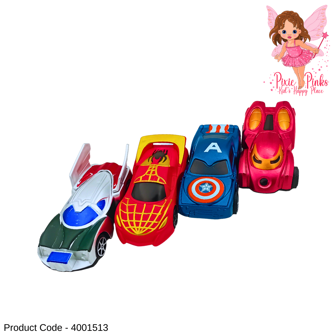 PixiePinks Superhero Car Set 🦸‍♂️🚘 | 4-Pack Mini Cars Inspired by Kids’ Favorite Heroes | Fun Toy Gift for Ages 3+