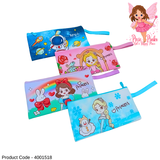 PixiePinks Cute Pencil Case | 4 Colorful Designs – Princess & Space Theme | School Stationery Pouch for Kids
