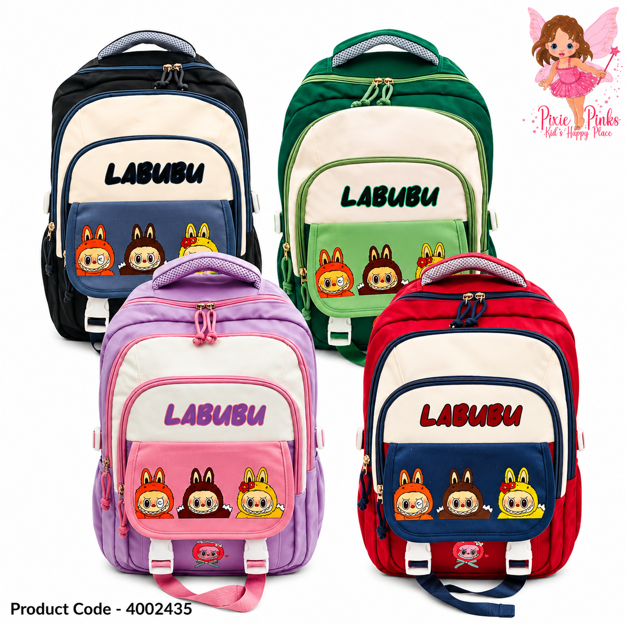 Colorful Labubu Character Kids School Backpack – 4 Compartment School Bag with Back Zipper for Grade 2+ Children