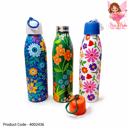 Floral Stainless Steel Water Bottle for Kids 750ml – BPA-Free Leak-Proof Insulated Drinking Bottle for School, Travel & Sports (Grade 3+)