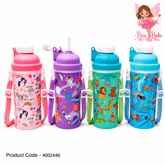 Kids Printed Water Bottle – BPA-Free Leak-Proof School Water Bottle with Carry Strap for Grade 2 & Younger Children